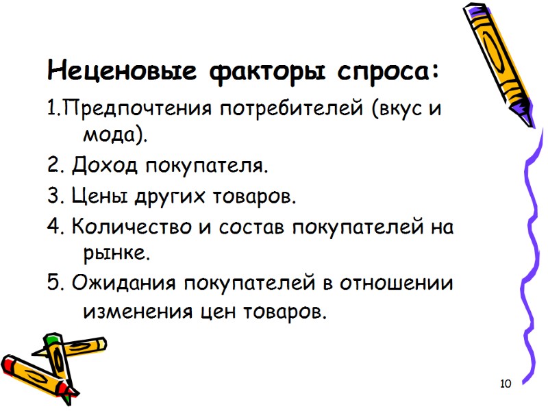 10 Неценовые факторы спроса: 1.Предпочтения потребителей (вкус и мода). 2. Доход покупателя.  3.